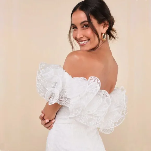 NWT Lulus Angelic Trend White Embroidered Ruffled One-Shoulder Mini Dress - Picture 4 of 5